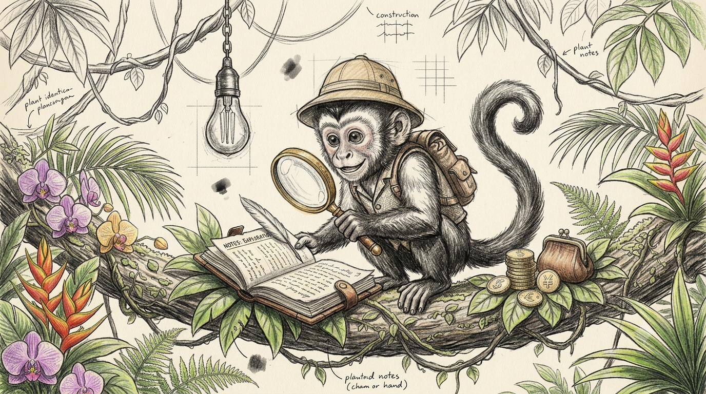 Hand-illustrated explorer monkey with a magnifying glass, the Curious Monkey mascot.
